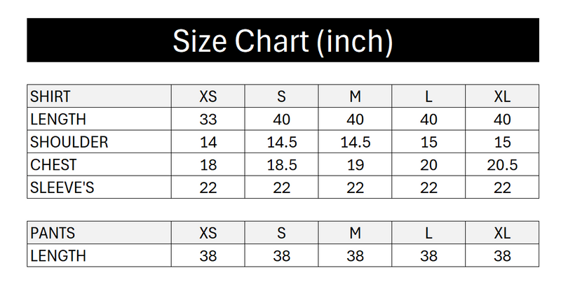 Size chart for SEFID