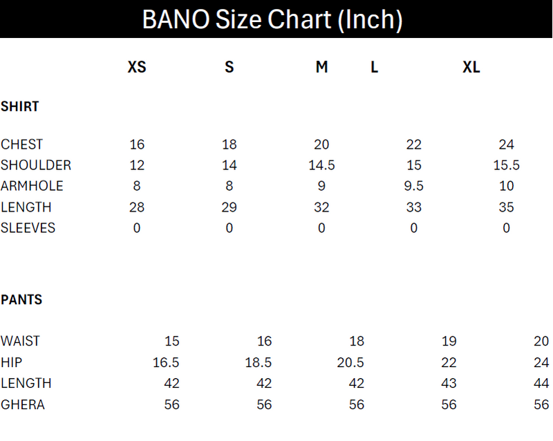 Size chart for BANO