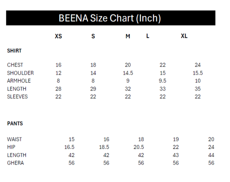 Size chart for BEENA