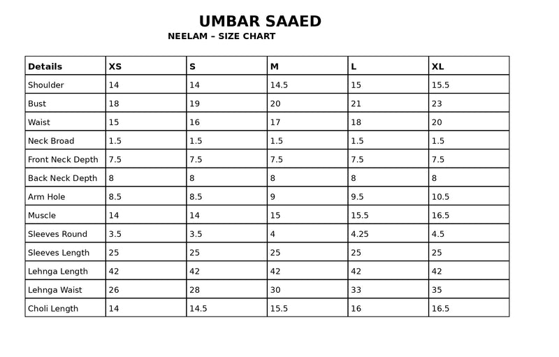 Size chart for Neelam