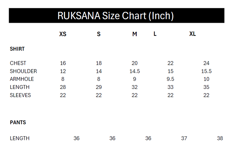 Size chart for RUKSANA