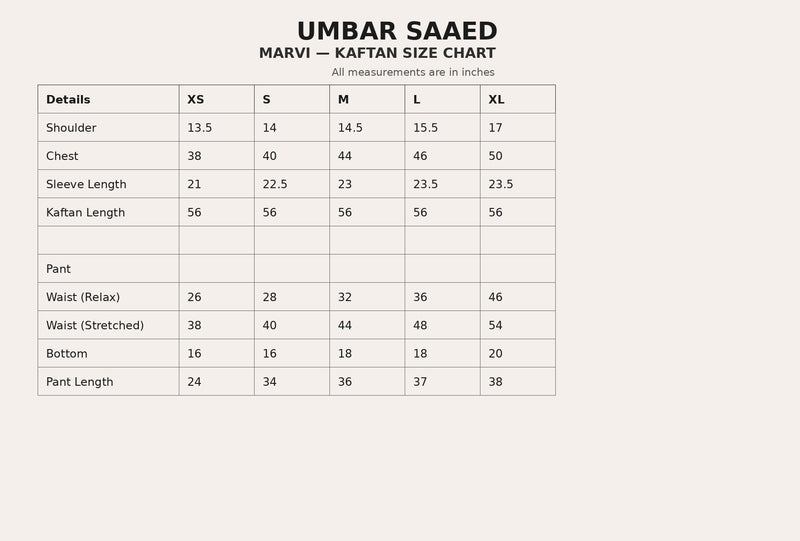 Size chart for Marvi