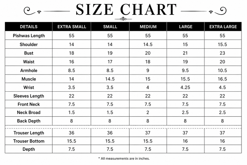 Size chart for Yasmine